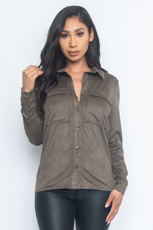 Indy Faux Suede Shirt - Olive